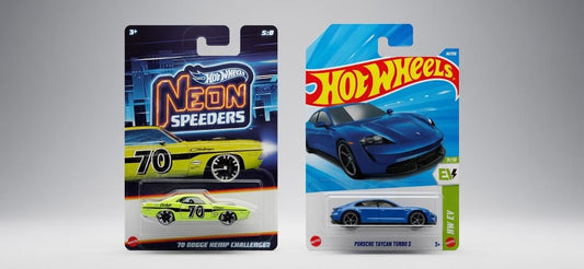 Hotwheels Neon Speeders ’70 Dodge Hemi Challenger vs Porsche Taycan Turbo S – Classic Muscle Meets Electric Future