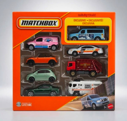 Matchbox Nissan Nv Van,Ford Police Interceptor,Garbage King, Blaze Buster II,Renault Kangoo Express, 2010 Mini Cooper S Cabrio, 2019 Mini Cooper S Cabrio, 2019 fiat 500 Turbo, 2004 Mazda RX-8